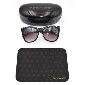 Victoria's Secret Black Shiny Gold Stud Women's Sunglasses Case and Lens Wipe